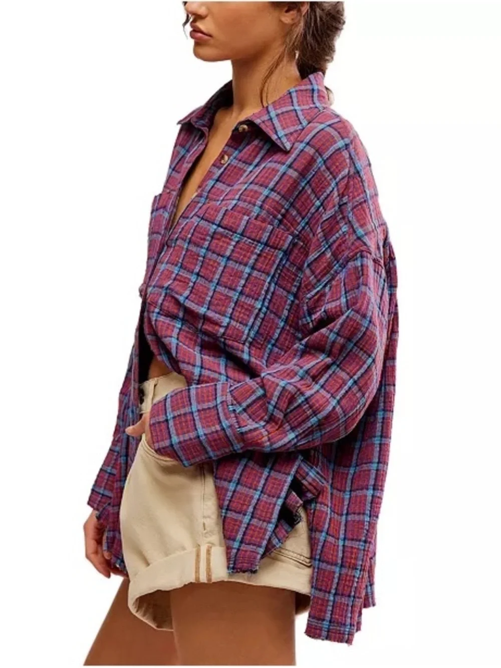 Free People We The Free Cardiff Plaid Button Down Shirt Size Medium